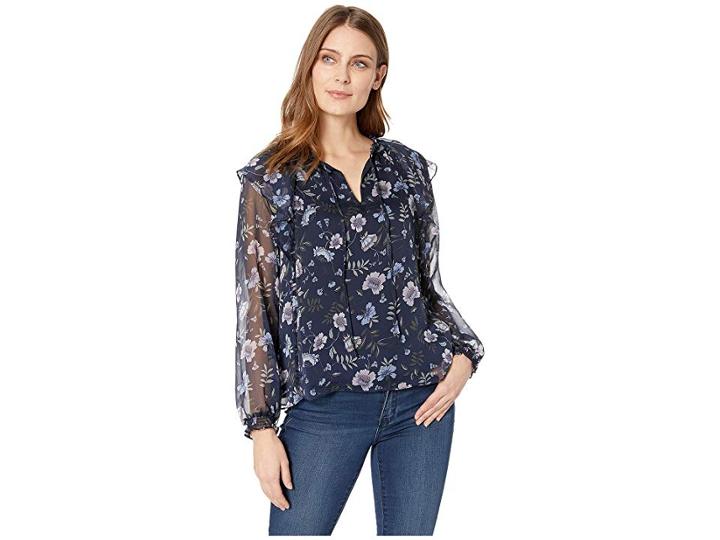Cece Long Sleeve Ruffled Bloomsbury Floral Blouse (caviar) Women's Blouse