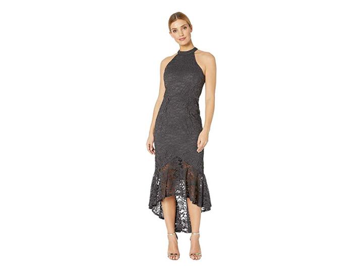 Marina Glitter Lace Halter-neck Dress With High-low Flounce (gun) Women's Clothing