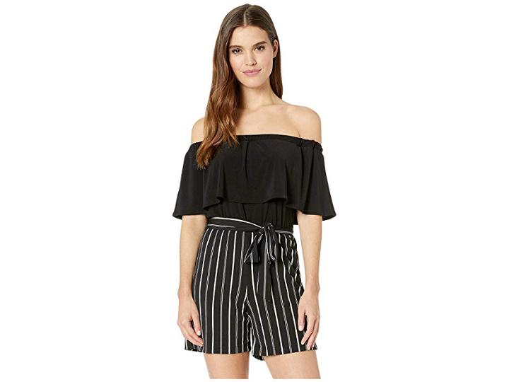 Bebe Off Shoulder Stripe Crepe Romper (black/white) Women's Jumpsuit & Rompers One Piece