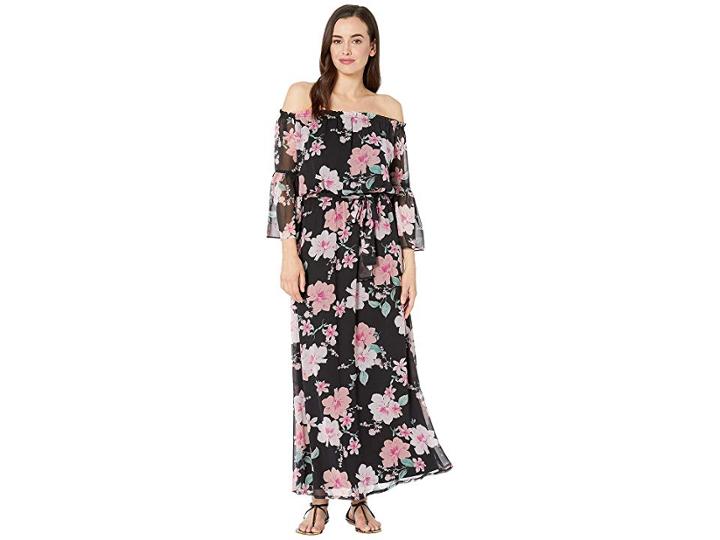 Nine West Off The Shoulder Maxi Dress W/ Self Sash (black/pink Multi) Women's Dress