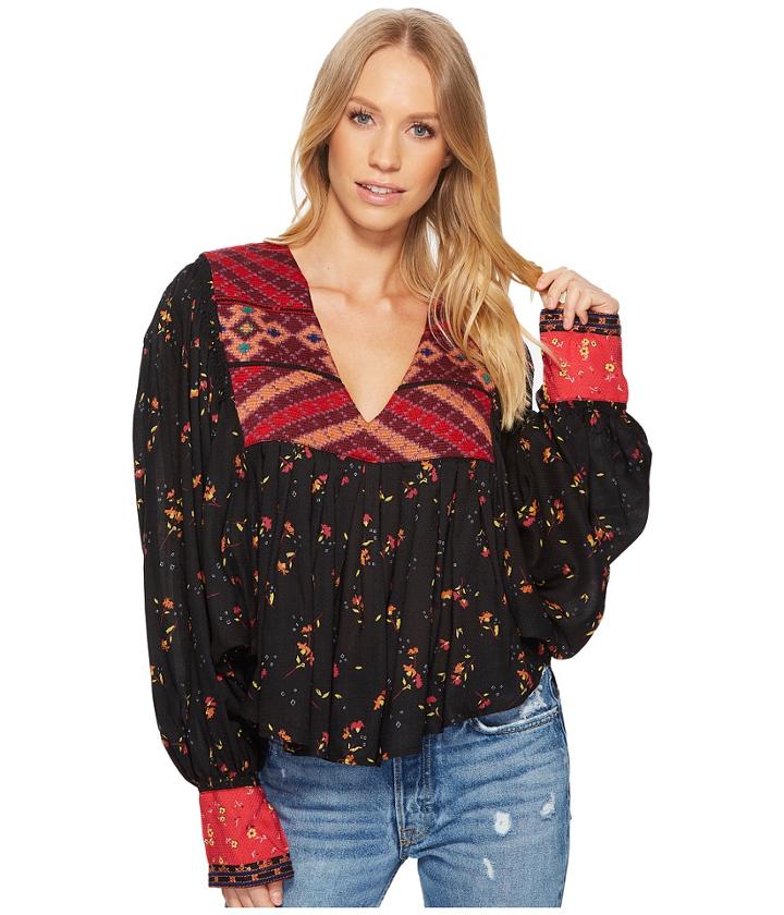 Free People Lou Printed Blouse (black Combo) Women's Blouse