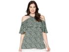 Michael Michael Kors Plus Size Wildflower Flounce Halter Top (true Navy/green Apple Multi) Women's Short Sleeve Knit