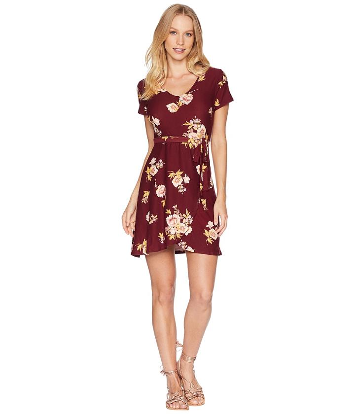 Pink Rose V-neck Short Sleeve Wrap Dress W/ Tied Waist (burgundy/gold Floral) Women's Dress