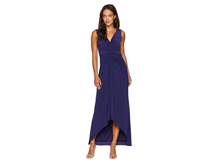 Adrianna Papell Petite High-low Draped Front Jersey Gown (admiral Blue) Women's Dress