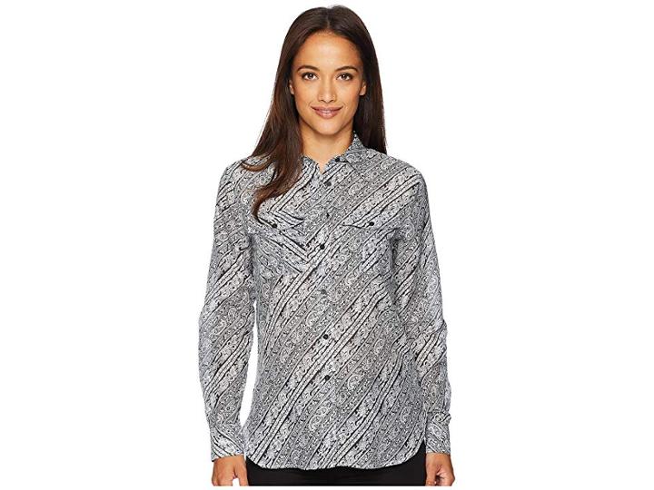 Lauren Ralph Lauren Petite Silk Cotton Voile Long Sleeve Shirt (polo Black/soft White) Women's Clothing