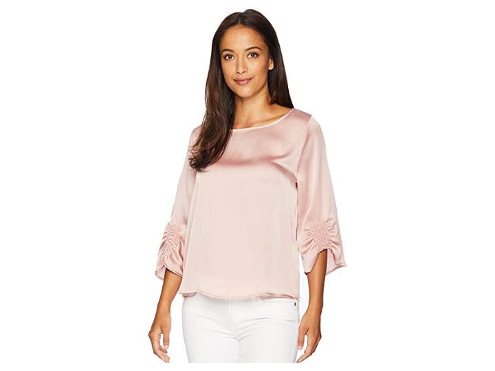 Vince Camuto Gathered Sleeve Boat Neck Satin Blouse (pink Fawn) Women's Clothing