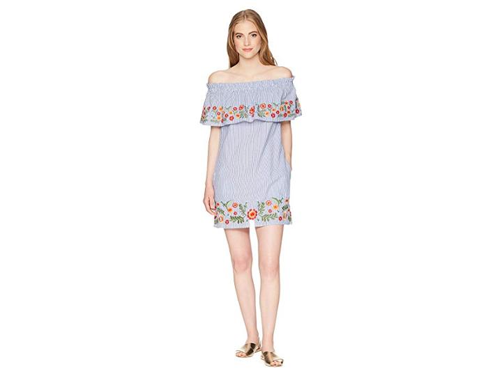 Miss Me Off The Shoulder Flower Embroidery Dress (blue) Women's Dress