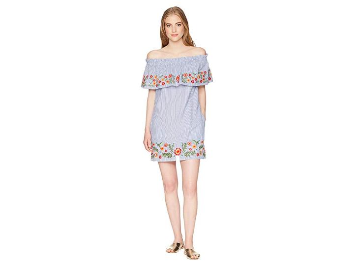 Miss Me Off The Shoulder Flower Embroidery Dress (blue) Women's Dress