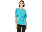 Eci Elbow Sleeves Knit Top W/ Mock Front Tie (teal) Women's Clothing