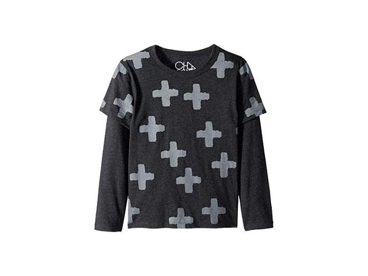 Chaser Kids Extra Soft Plus Sign Print Faux Twofer Long Sleeve Tee (little Kids/big Kids) (black) Boy's Long Sleeve Pullover