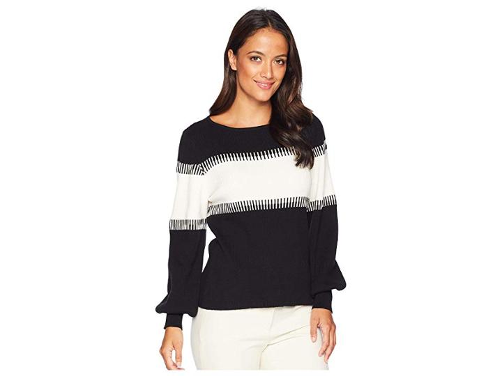 Vince Camuto Specialty Size Petite Long Sleeve Color Blocked Intasia Sweater (rich Black) Women's Sweater
