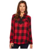 Tribal Long Sleeve Plaid Blouse W/ Lace-up Detail (red) Women's Blouse