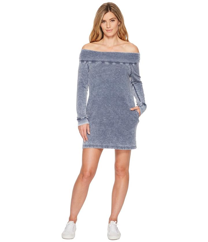 Allen Allen French Terry Long Sleeve Off The Shoulder Dress (lapis) Women's Dress