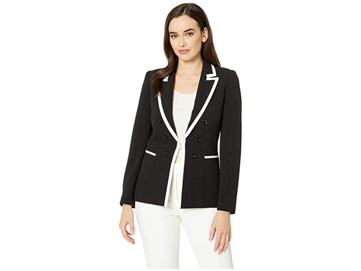 Tahari By Asl Framed Faux Double Breasted Crepe Jacket (black/ivory) Women's Jacket