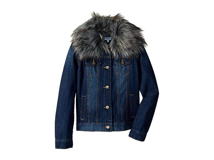 Splendid Littles Denim Jacket With Faux Fur Collar (big Kids) (medium Stone) Girl's Jacket