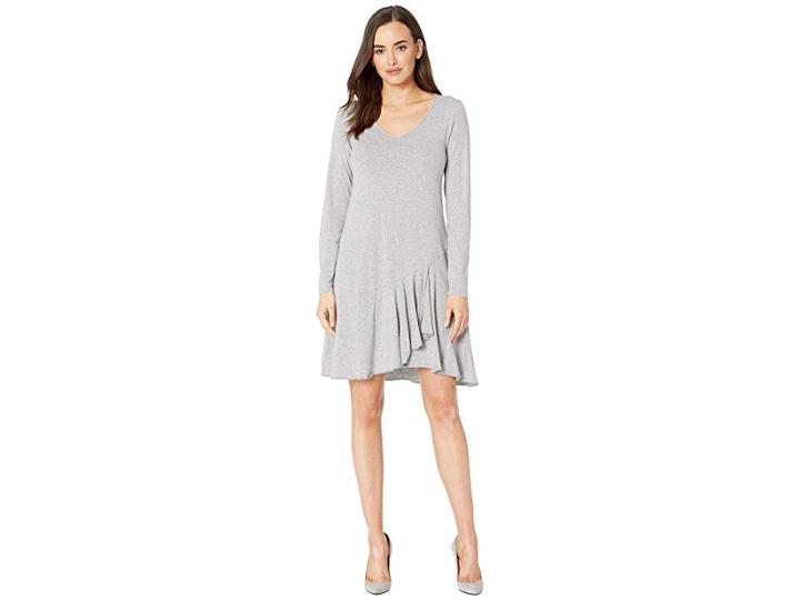 Mod-o-doc Cotton Modal Spandex Jersey Long Sleeve V-neck Dress With Asymmetrical Flounce (smoke Heather) Women's Dress