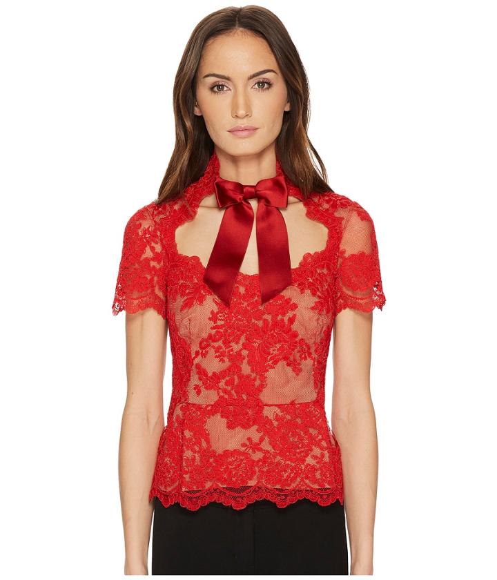 Marchesa Short Sleeve Lace Top W/ Satin Bow (red) Women's Clothing