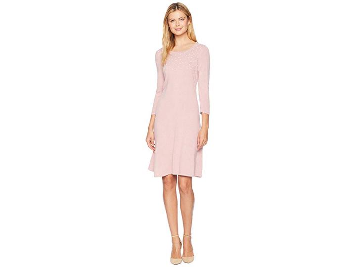 Nine West 3/4 Sleeve Shift Sweater Dress W/ Pearl Details (mauve) Women's Dress