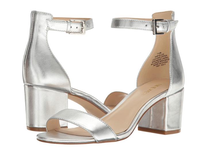 Nine West Fields Block Heel Sandal (silver Leather) Women's Shoes
