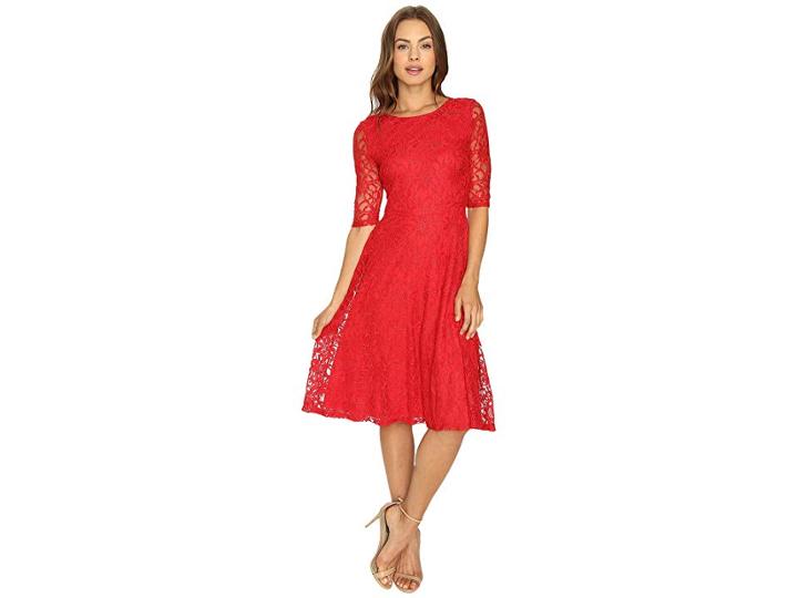 Sangria 3/4 Sleeve Textured Lace Fit And Flare Dress (red) Women's Dress