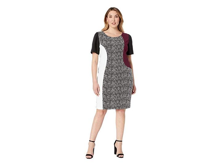 Taylor Plus Size Short Sleeve Mixed Print Shift Dress (ivory/black/purple) Women's Dress