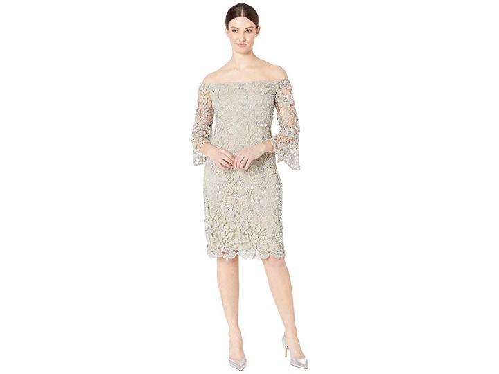 Marina Metallic Lace Off The Shoulder Sheath (taupe/silver) Women's Clothing