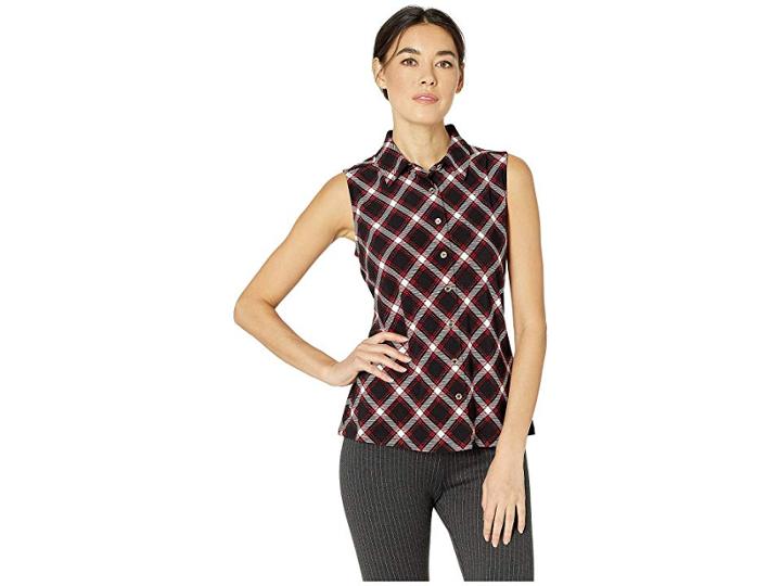 Tommy Hilfiger Plaid Collared Button Front Knit Top (black/scarlet) Women's Blouse