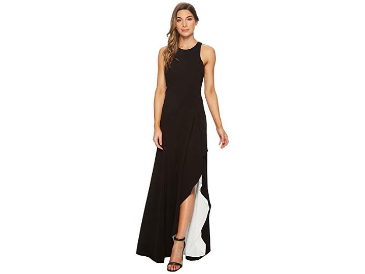 Halston Heritage Sleeveless Round Neck Asymmetrical Gown (black/chalk) Women's Dress