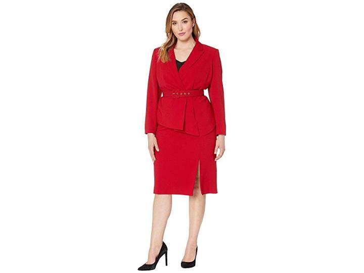 Tahari By Asl Plus Size Pebble Crepe Skirt Suit With Draped Jacket (red) Women's Suits Sets