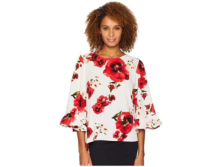 Bobeau Printed Flounce Sleeve Blouse (white/red Poppy Print) Women's Blouse