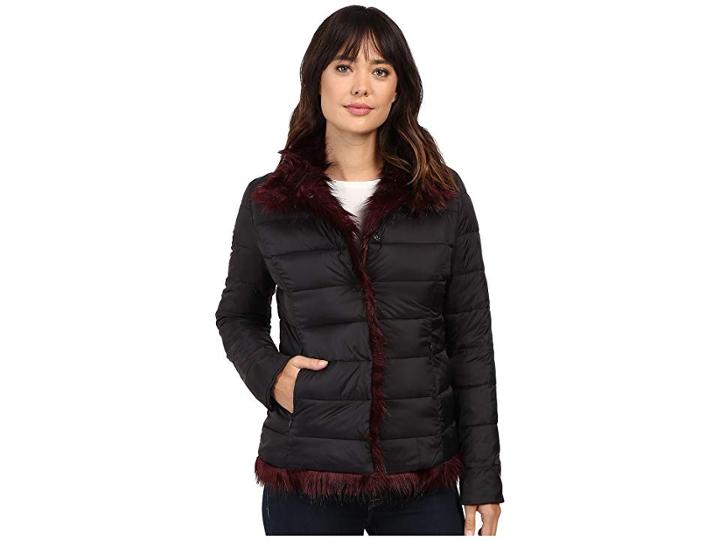 Betsey Johnson Reverse To Faux Fur Coat (black/ruby) Women's Coat