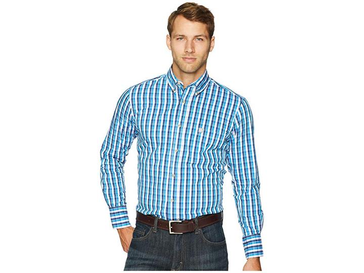 Wrangler Performance Long Sleeve Plaid (white/blue) Men's Clothing