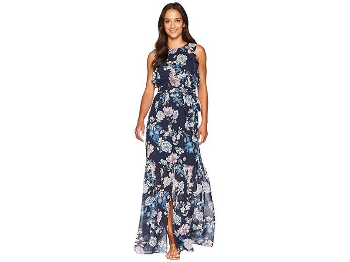 Vince Camuto Printed Chiffon Maxi With Ruffle Bodice With Split Flounce (navy Multi) Women's Dress