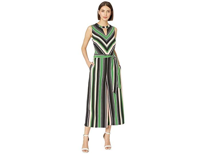 Eci Striped Neck Keyhole Wide-legged Jumpsuit With Self Tie (black/green) Women's Jumpsuit & Rompers One Piece