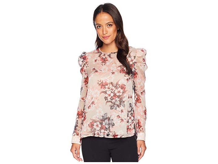 Vince Camuto Specialty Size Petite Puff Shoulder Long Sleeve Timeless Blooms Floral Blouse (dune Lily) Women's Blouse
