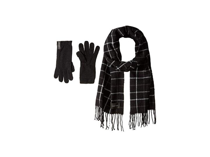 Calvin Klein Plaid Woven Scarf And Gloves Two-piece Set (black) Scarves