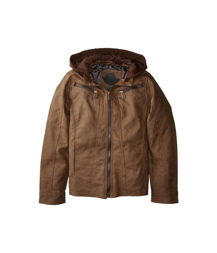 Urban Republic Kids Victor Pu Suede Biker Jacket W/ Fleece Hoodie (little Kids/big Kids) (brown) Boy's Coat