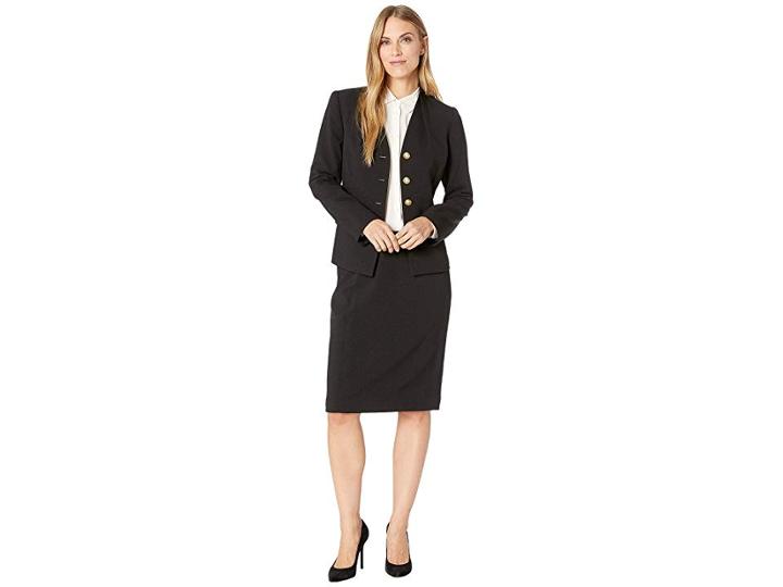 Tahari By Asl High Neck Reverse Pleat V-neck Four-button 2 Flap Pocket Skirt Suit (black) Women's Suits Sets