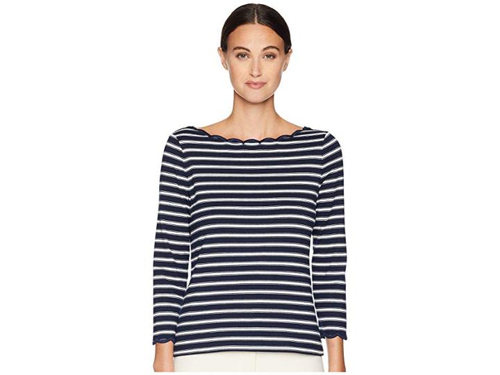 Kate Spade New York Broome Street Stripe Scallop Knit Top (adriatic Blue/french Cream) Women's Clothing