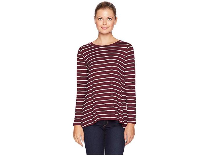 Bobeau Long Sleeve Stripe High-low Inverted Pleat (port Royale/ivory) Women's Clothing