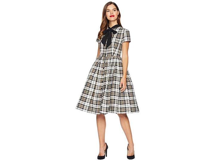 Unique Vintage 1950s Style Button Up Swing Dress (grey Plaid) Women's Dress