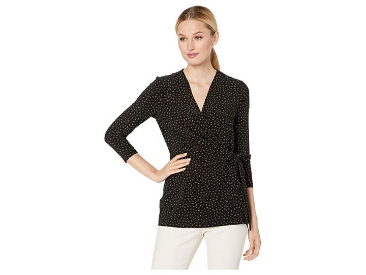 Anne Klein Poivre Print Ity 3/4 Sleeve Wrap Top (anne Black/anne White) Women's Blouse