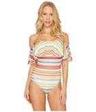 Vince Camuto Cabana Stripes Ruffle Off The Shoulder One-piece Swimsuit W/ Removable Soft Cups Strap (white Multi) Women's Swimsuits One Piece