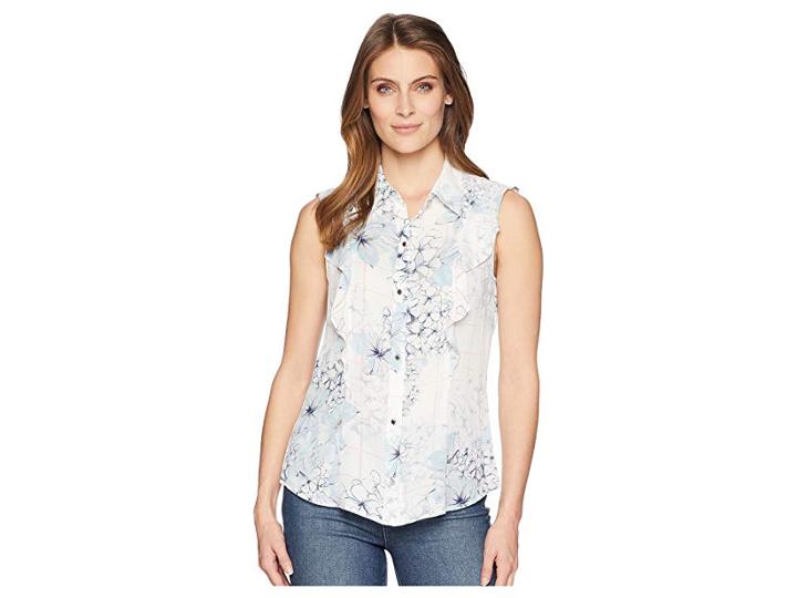 Ivanka Trump Sleeveless Ruffle Blouse With Collar (blue Multi) Women's Sleeveless