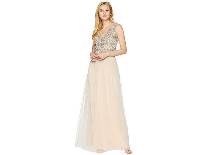 Adrianna Papell Long Gown With Beaded Bodice And Tulle Skirt (silver Nude) Women's Dress