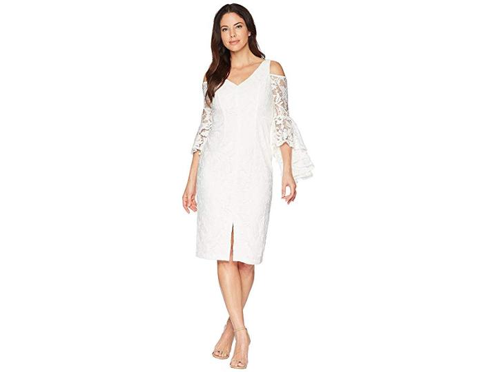 Maggy London Breezy Leaf Lace Cold Shoulder Sheath Dress With Ruffle Sleeve (white) Women's Dress