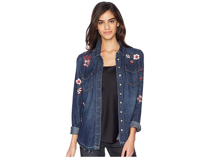 Juicy Couture Denim Hands Off Floral Embellished Shirt (fairmont Wash) Women's Clothing