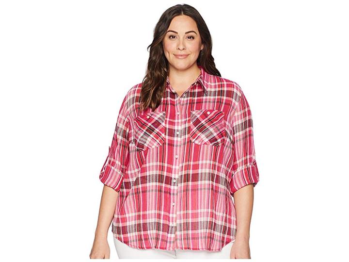 Lauren Ralph Lauren Plus Size Yarn-dyed Pomegranete Plaid Long Sleeve Shirt (red Multi) Women's Clothing