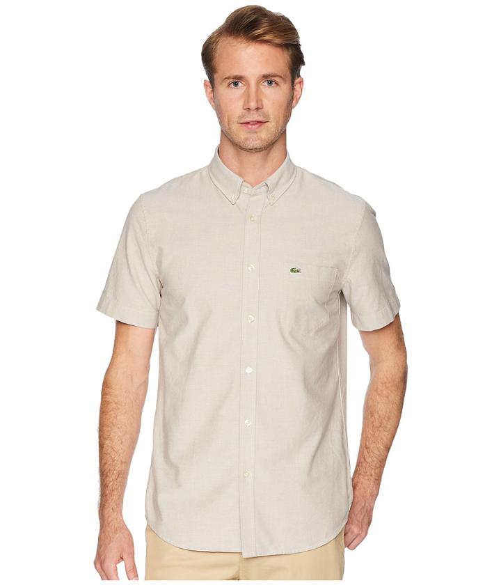 Lacoste Short Sleeve Oxford Button Down Collar Regular (kraft Beige) Men's Short Sleeve Button Up
