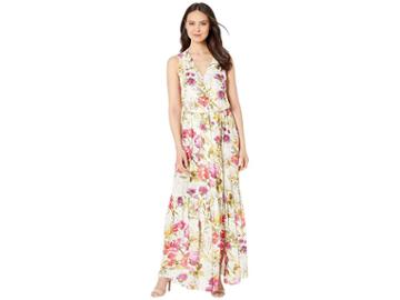 Eci Sleeveless Soft Floral Print Cinkle Gauze Maxi With Button Details (ivory/pink) Women's Dress